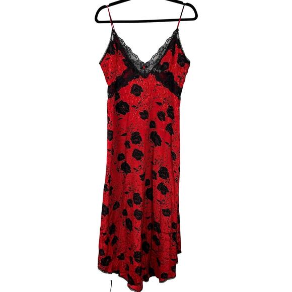 Vintage Black Red Floral Slip Dress Lace Large Lily of France - Picture 1 of 13